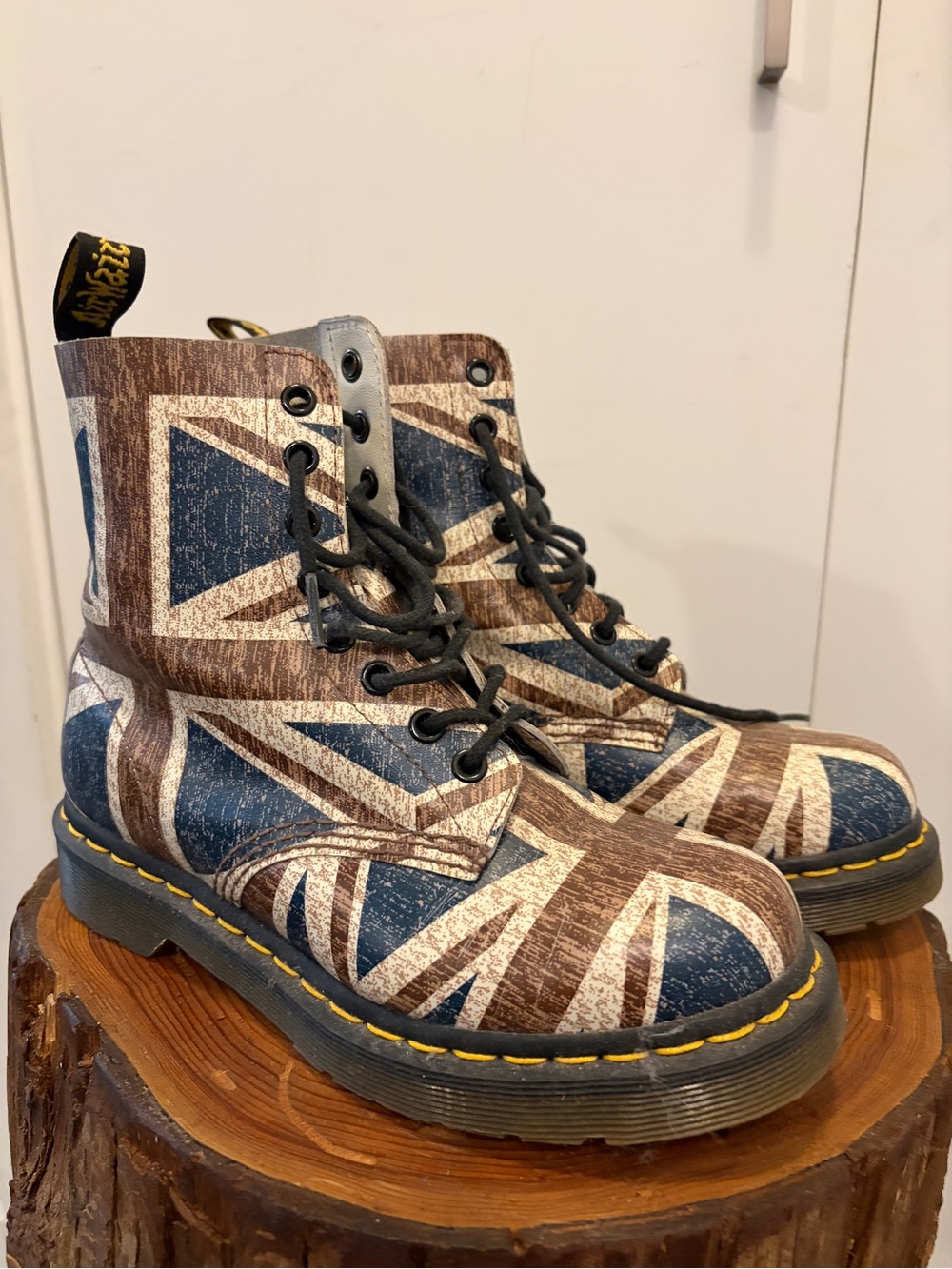 Dr. Martens Union Jack Printed Leather Combat Boots - Brown & Blue